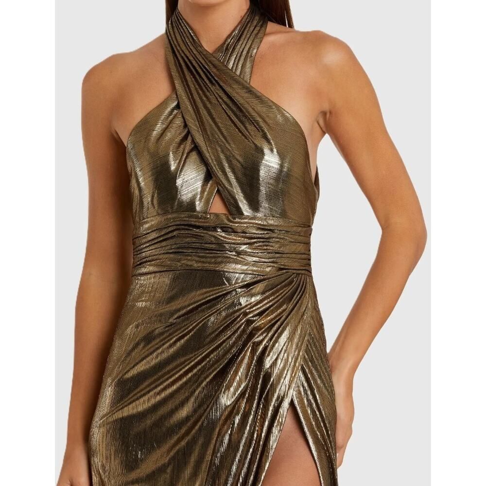 Mac Duggal Metallic Gold Halter Ruched High-Slit Mini Dress - Picture 3 of 7
